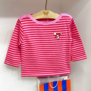 베베 BeBe prekės medvilnės vaikų drabužių sandėlyje rudens/žiemos 2022 korėjos vaikų rožinė dryžuota gelsvai T-shirt